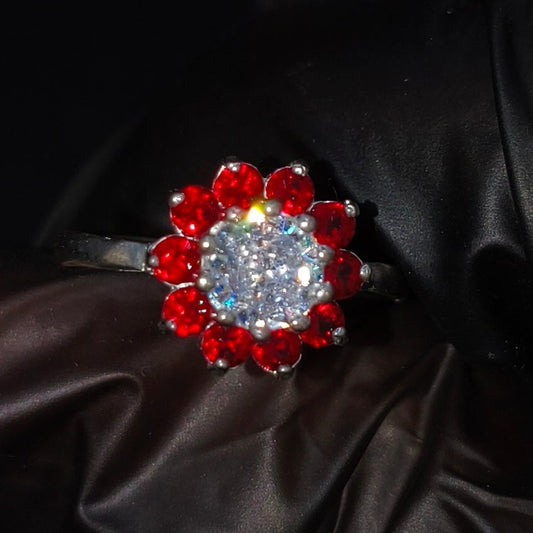 Anillo Flor Roja CZ Plata